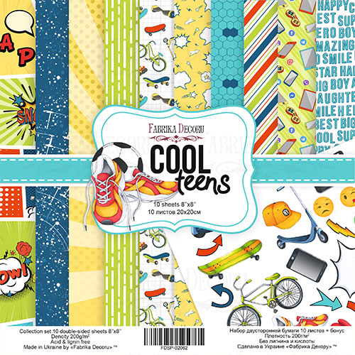 Zestaw papieru do scrapbookingu "Cool Teens", 20cm x 20cm  - Fabrika Decoru