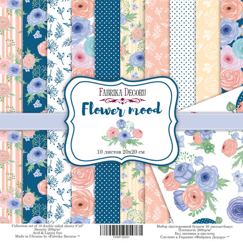 Doppelseitiges Scrapbooking-Papierset Flower Mood, 20 cm x 20 cm, 10 Blätter - Fabrika Decoru