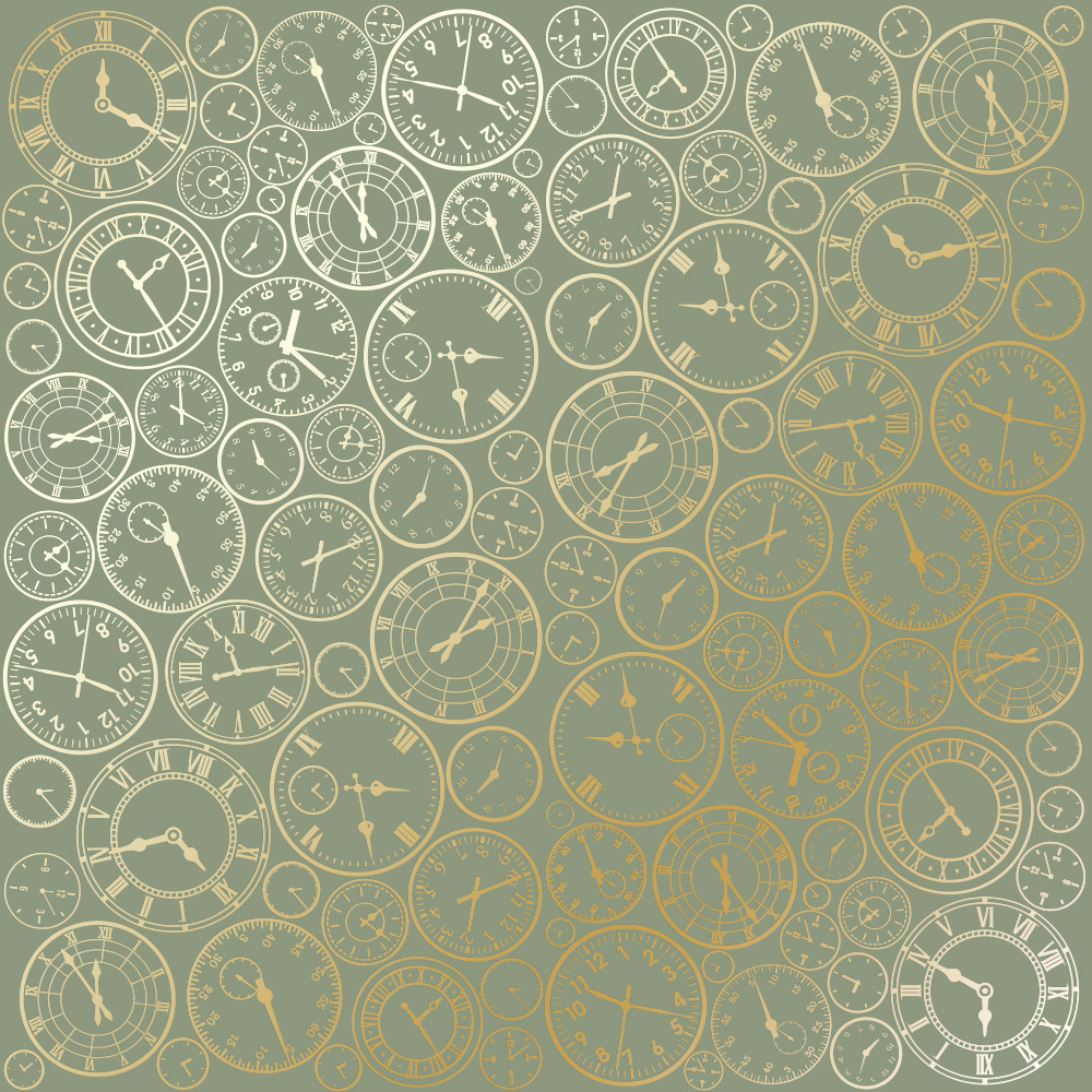 Sheet of single-sided paper with gold foil embossing, pattern Golden Clocks Olive 12"x12" 