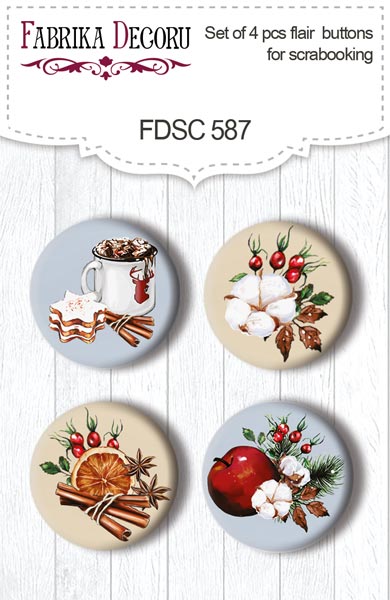 Set mit 4 Flair-Buttons zum Scrapbooking Bright Christmas #587 - Fabrika Decoru