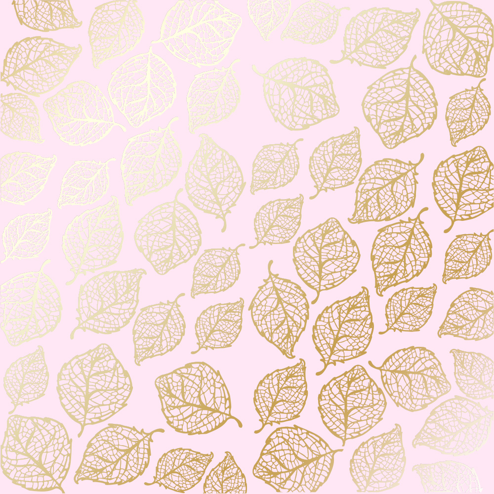 Blatt aus einseitigem Papier mit Goldfolienprägung, Muster Golden Delicate Leaves Light Pink, 12"x12" - Fabrika Decoru