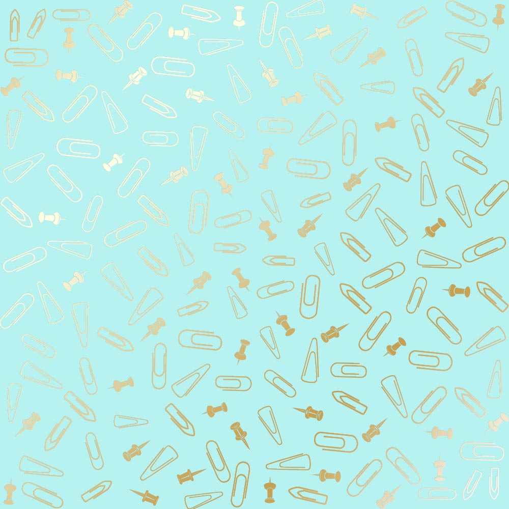Arkusz papieru jednostronnego wytłaczanego złotą folią, wzór Złote szpilki kreślarskie i spinacze, kolor turkusowy 30,5x30,5cm  - Fabrika Decoru