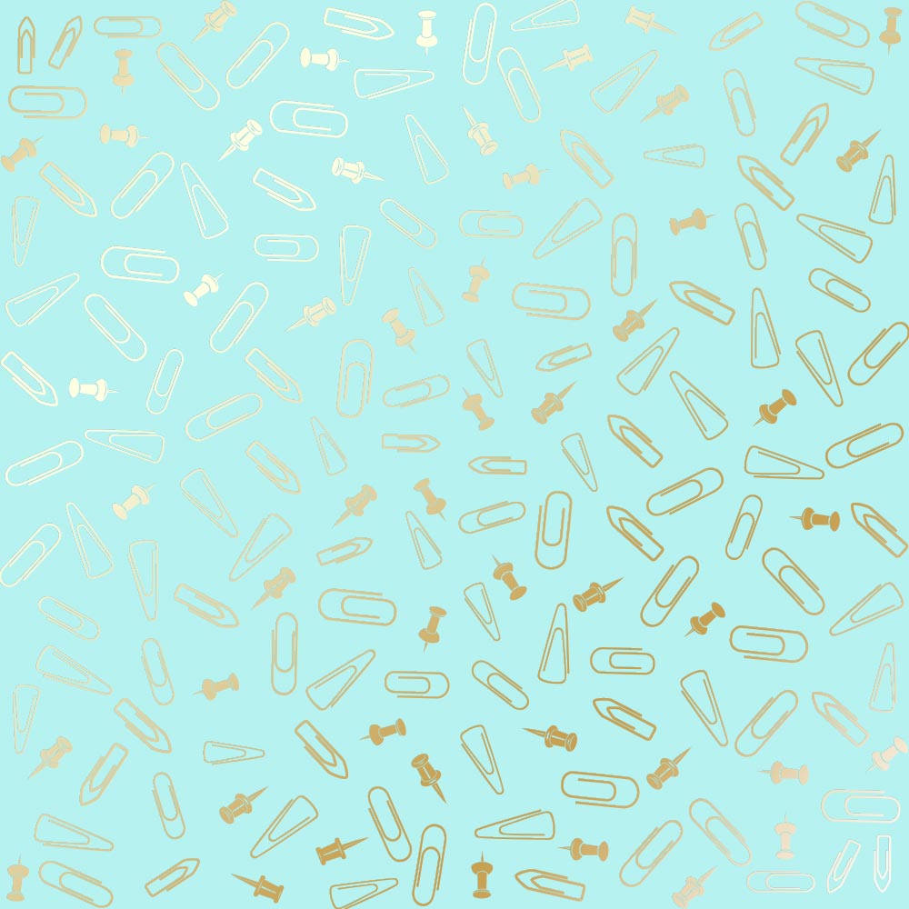 Sheet of single-sided paper with gold foil embossing, pattern Golden Drawing pins and paperclips, color Turquoise