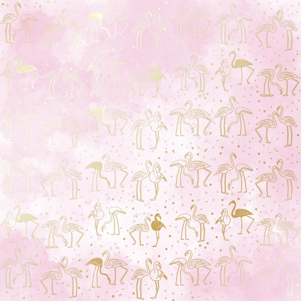 Sheet of single-sided paper with gold foil embossing, pattern Golden Flamingo, color Pink shabby watercolor, 12"x12"