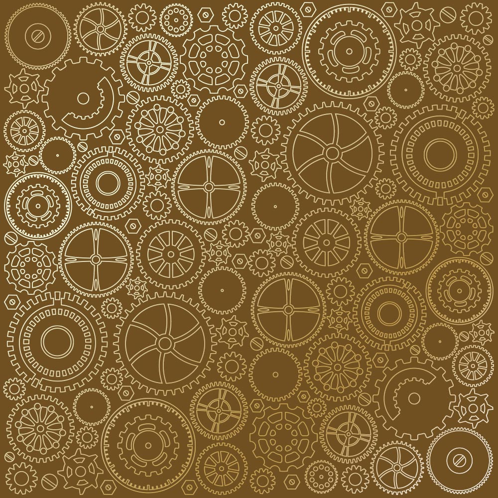 Blatt einseitig bedrucktes Papier mit Goldfolienprägung, Muster Golden Gears, Farbe Milchschokolade, 12"x12" - Fabrika Decoru