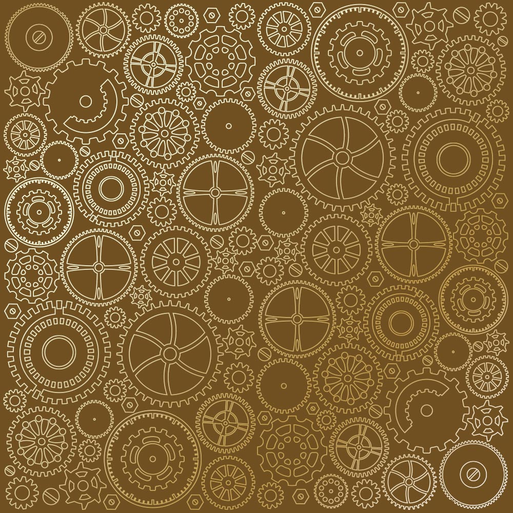 Sheet of single-sided paper with gold foil embossing, pattern Golden Gears, color Milk chocolate, 12"x12" 