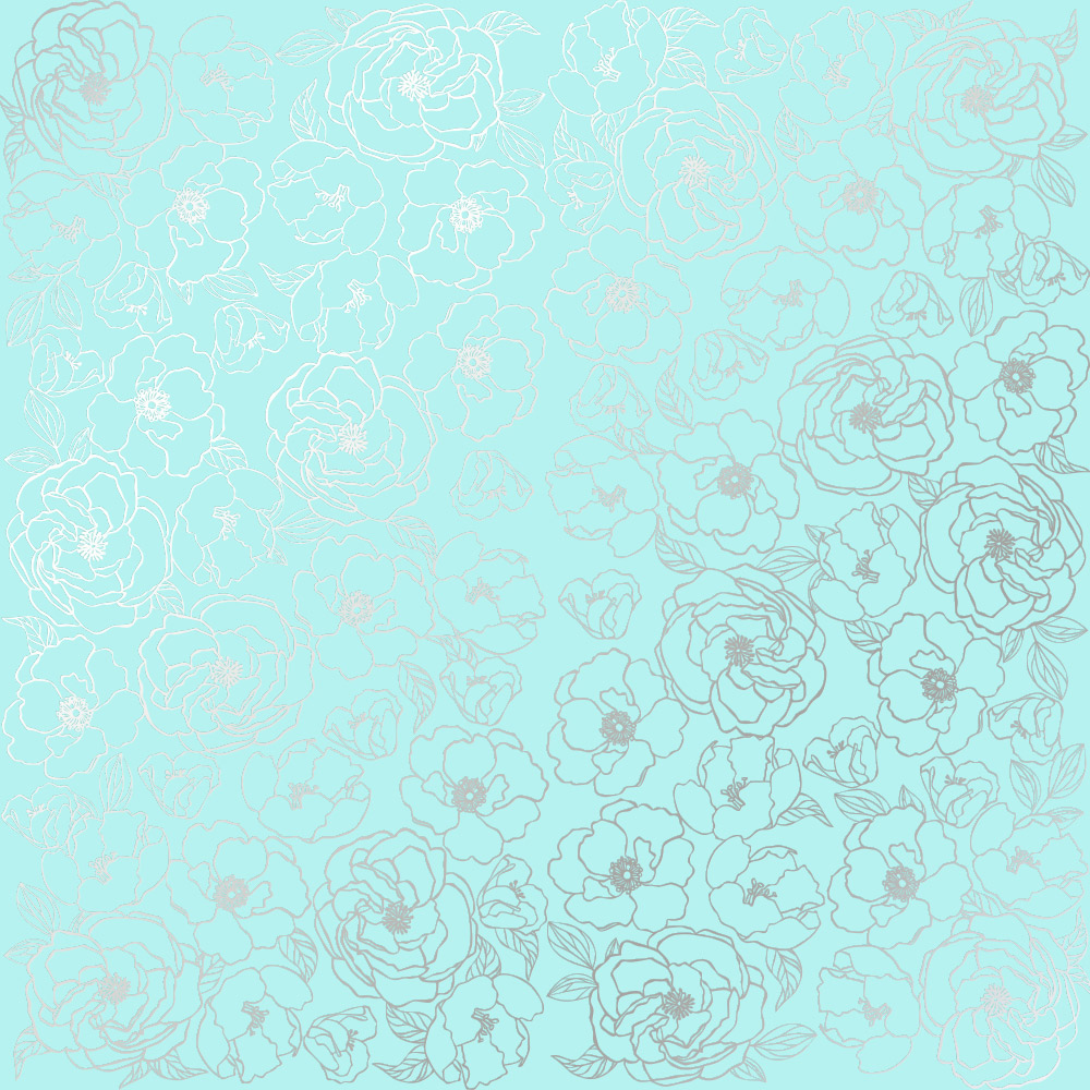 Sheet of single-sided paper embossed with silver foil, pattern Silver Pion Turquoise 12"x12" 