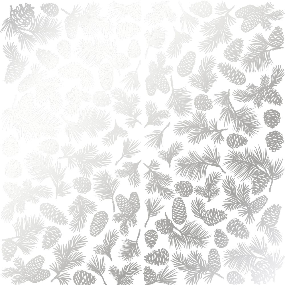 Sheet of single-sided paper embossed with silver foil, pattern Silver Pine cones White 12"x12" 