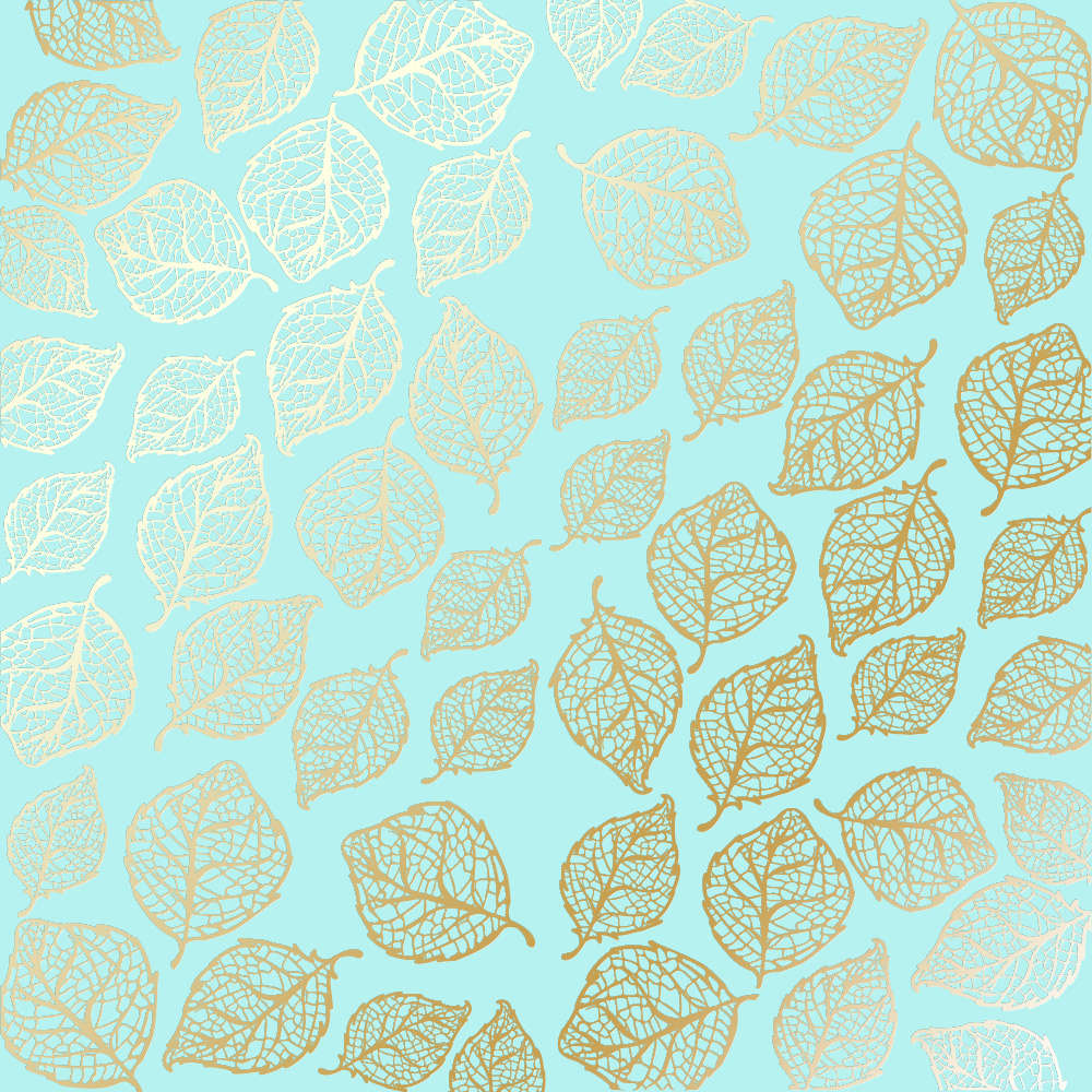 Sheet of single-sided paper with gold foil embossing, pattern Golden Delicate Leaves Turquoise, 12"x12"