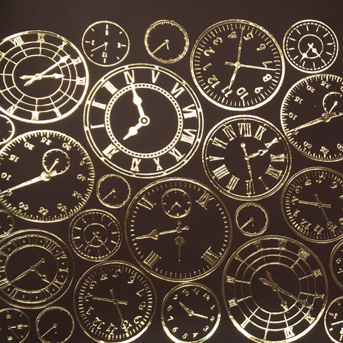 Skóra PU do oprawiania ze złotym tłoczeniem, wzór Golden Clocks Chocolate, 50cm x 25cm  - foto 1  - Fabrika Decoru