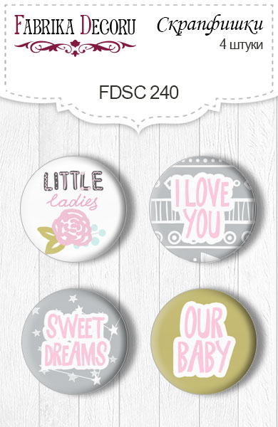 Set of 4pcs flair buttons for scrabooking "Scandi Baby Girl" EN #240