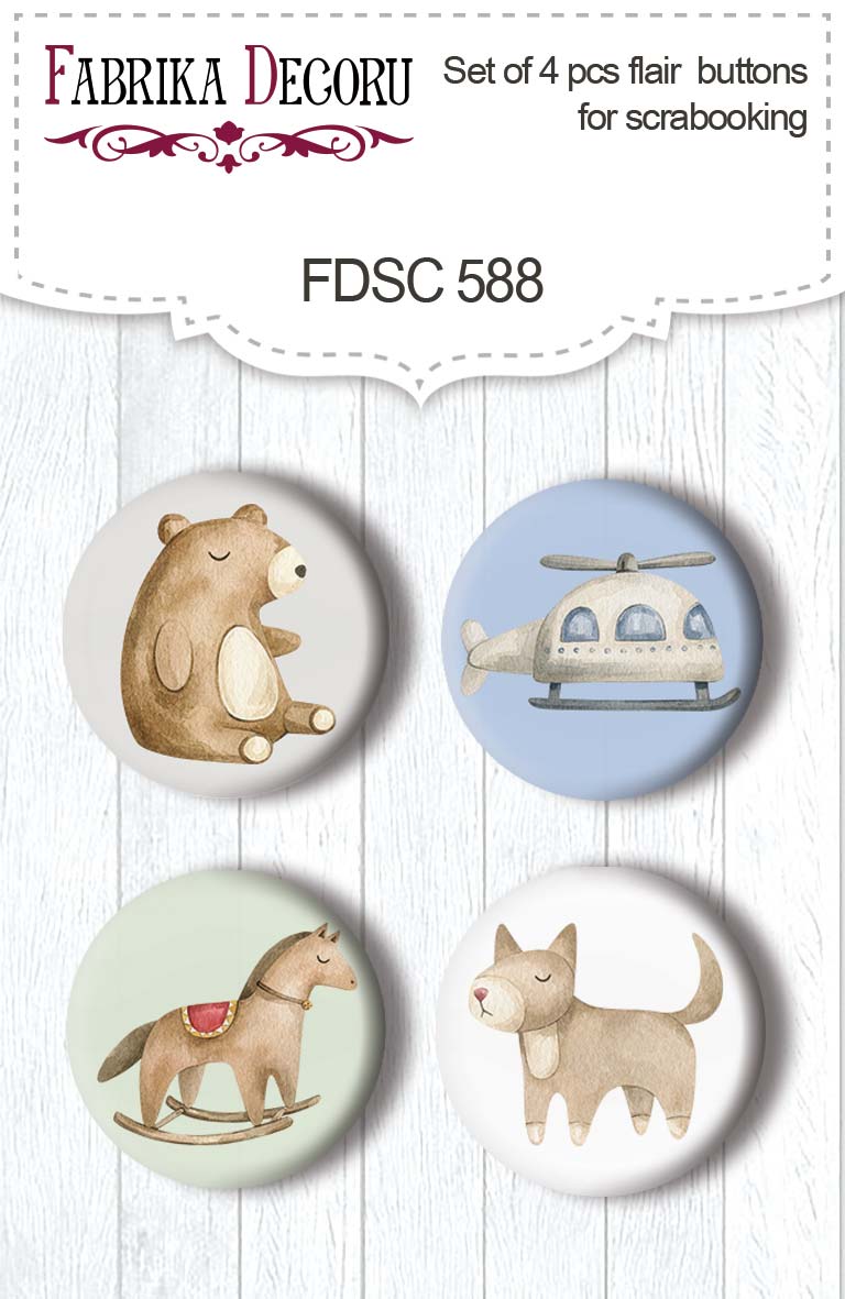 Set mit 4 Flair-Buttons zum Scrapbooking Boho Baby Boy #588 - Fabrika Decoru