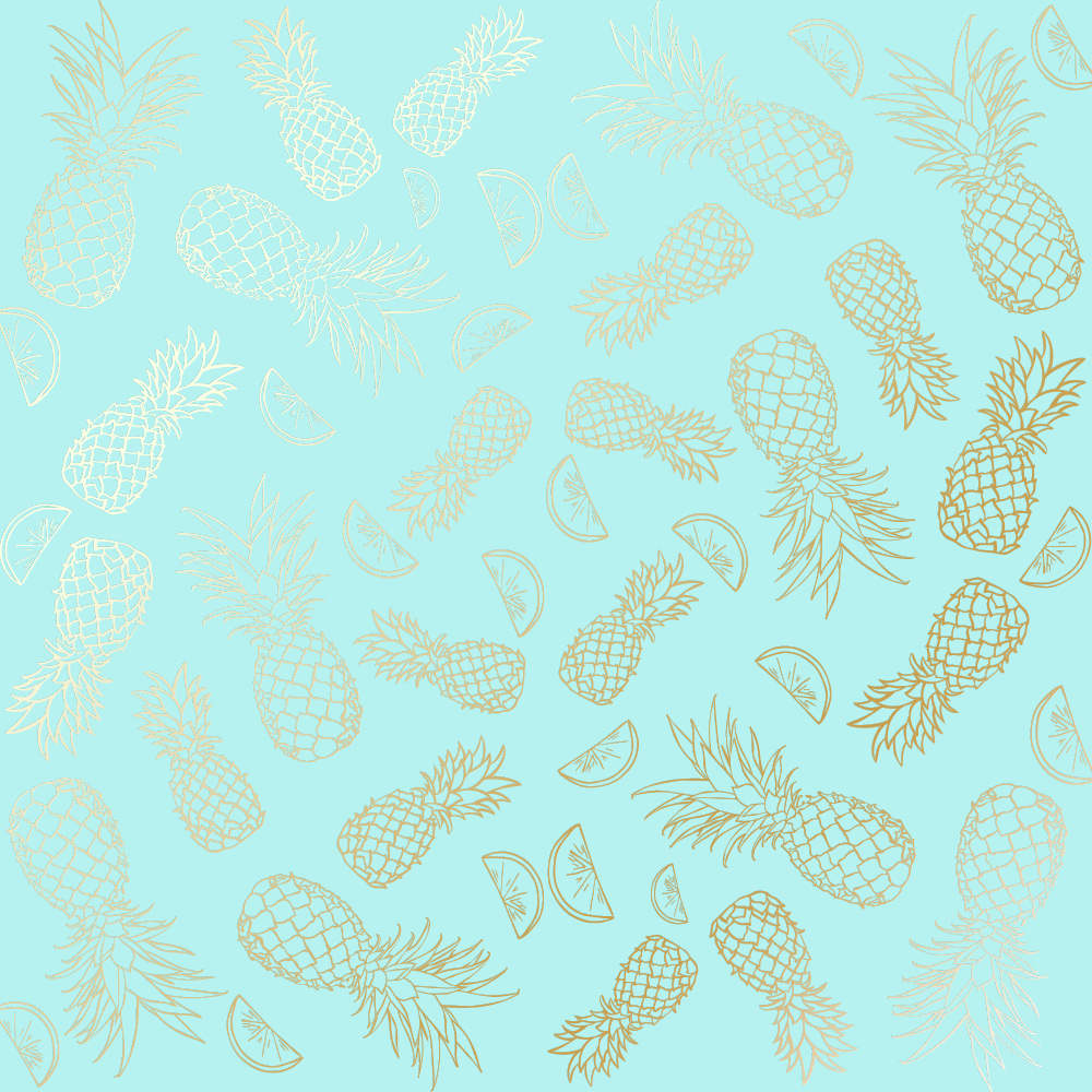 Sheet of single-sided paper with gold foil embossing, pattern Golden Pineapple Turquoise, 12"x12"