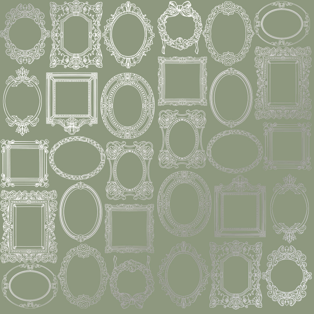 Arkusz papieru jednostronnego wytłaczanego srebrną folią, wzór Ramki Srebrne Oliwkowe 12"x12" - Fabrika Decoru