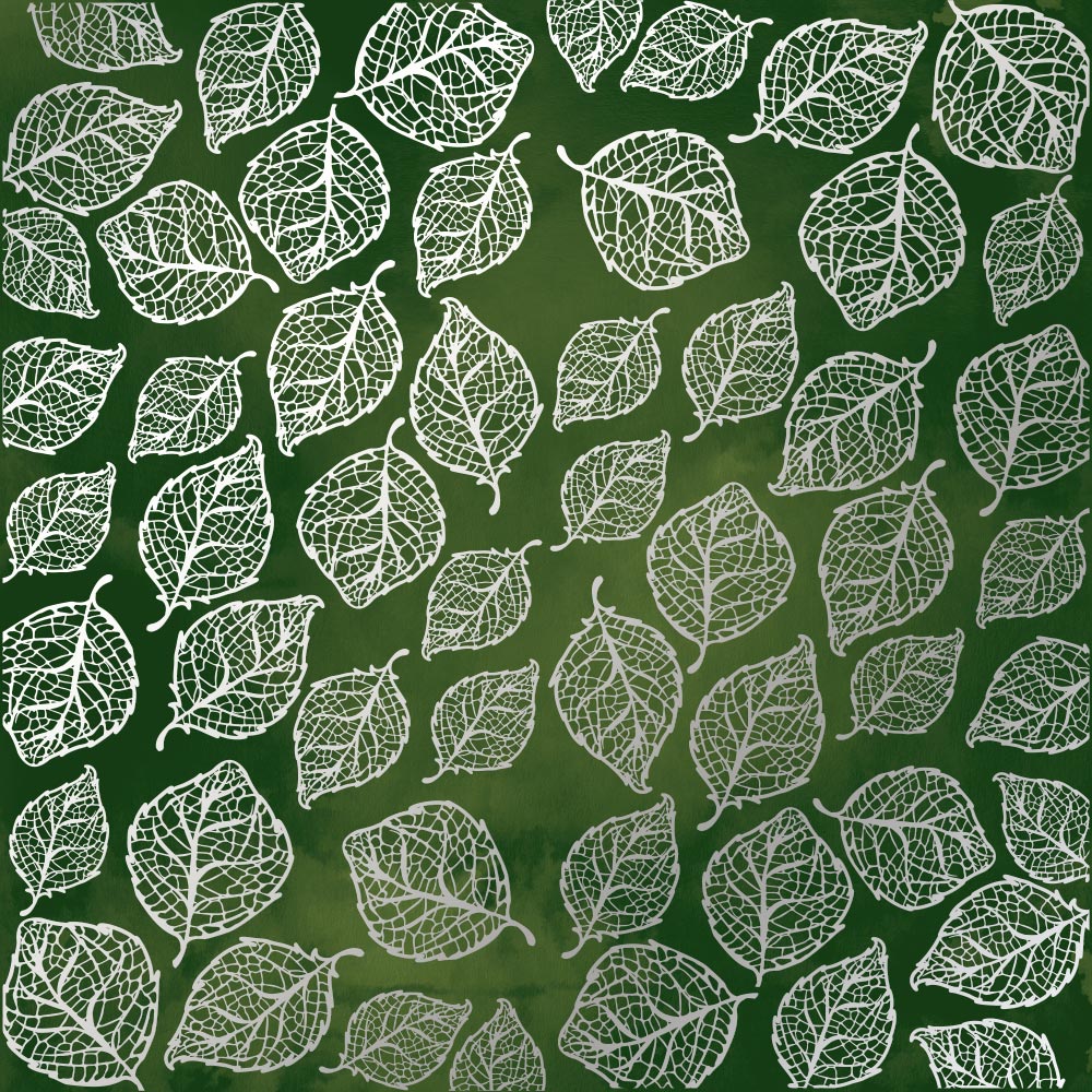 лист односторонней бумаги с серебряным тиснением, дизайн silver delicate leaves,  dark green aquarelle, 30,5см х 30,5см