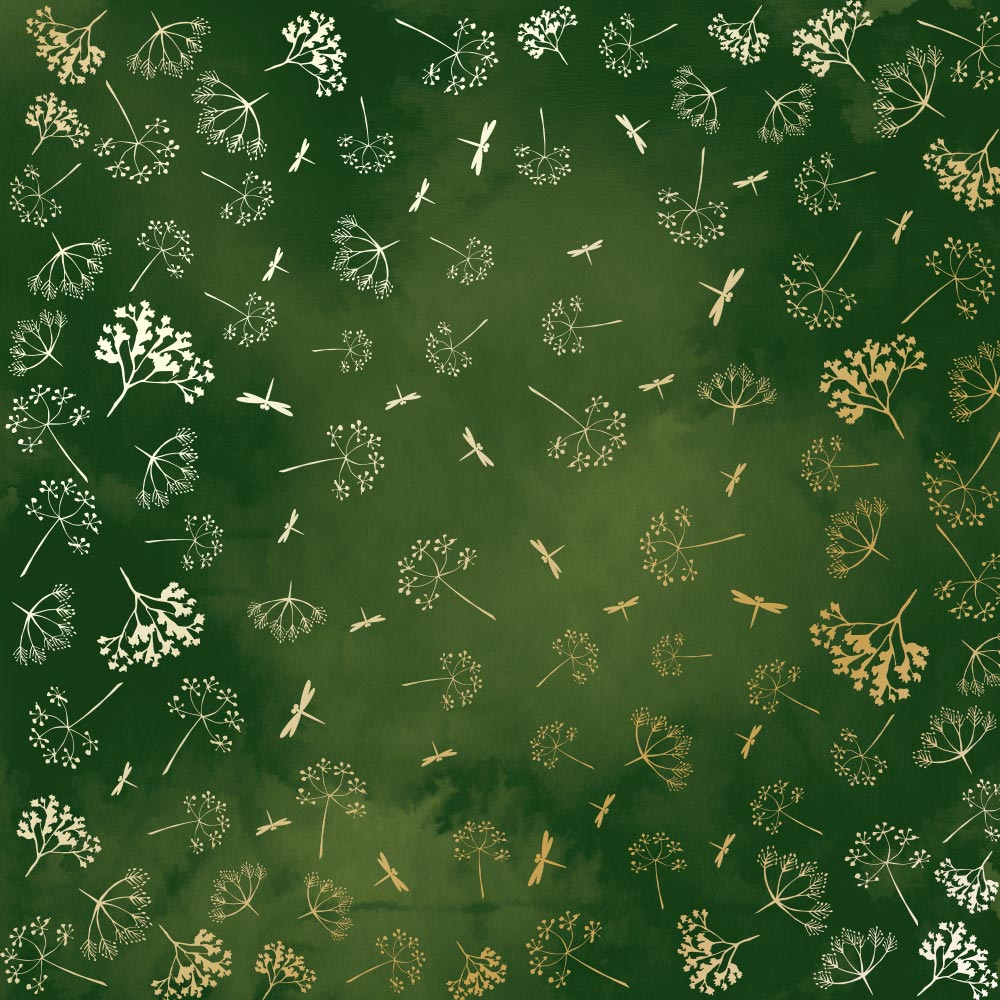Arkusz papieru jednostronnego wytłaczanego złotą folią, wzór Złoty Koperek, kolor zielony akwarelowy, 30,5x30,5cm  - Fabrika Decoru