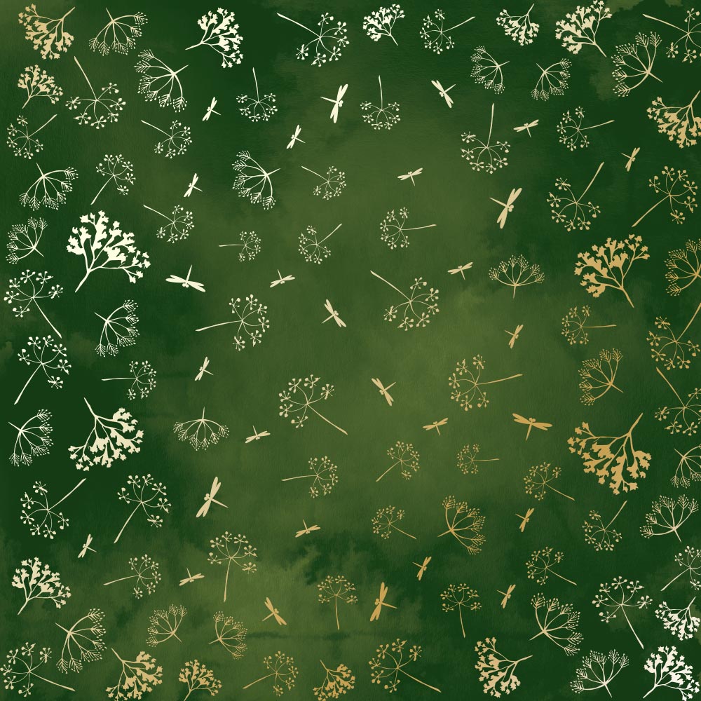 Sheet of single-sided paper with gold foil embossing, pattern Golden Dill, color Green aquarelle, 12"x12"