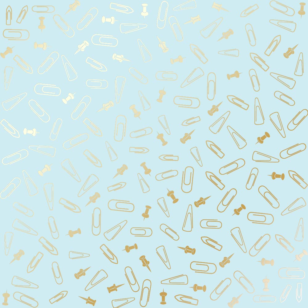 лист односторонней бумаги с фольгированием, дизайн golden drawing pins and paperclips, blue, 30,5см х 30,5см