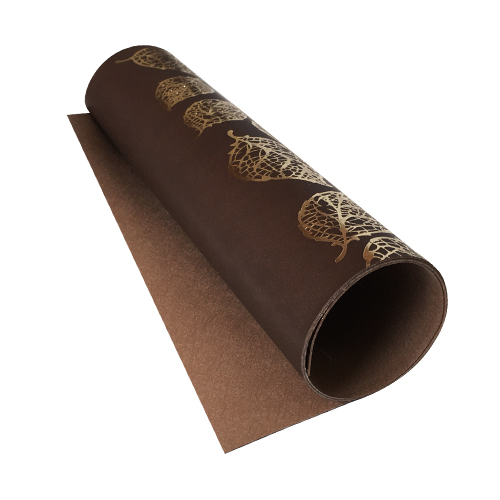 Piece of PU leather for bookbinding with gold pattern Golden Leaves Chocolate, 50cm x 25cm