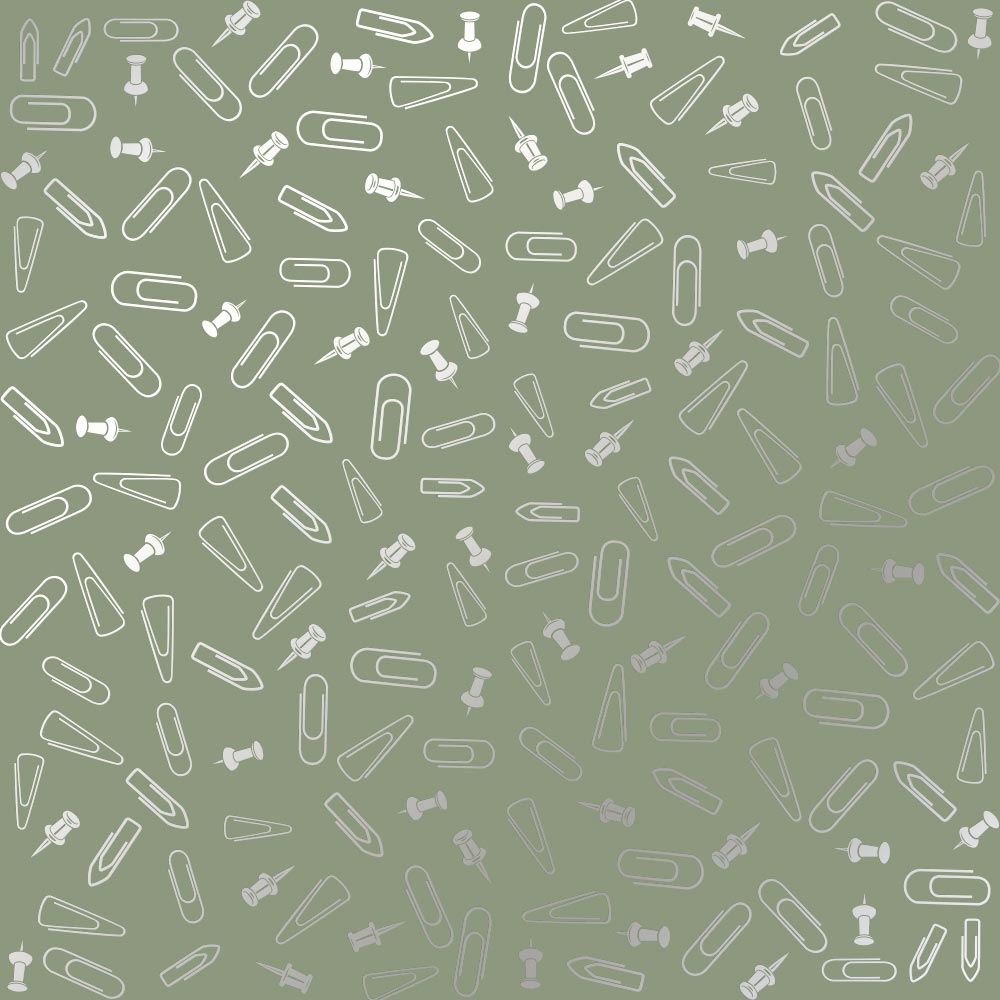 Einseitig bedrucktes Blatt Papier mit Silberfolie, Muster Silber Reißnägel und Büroklammern, Farbe Avocado 12"x12" - Fabrika Decoru