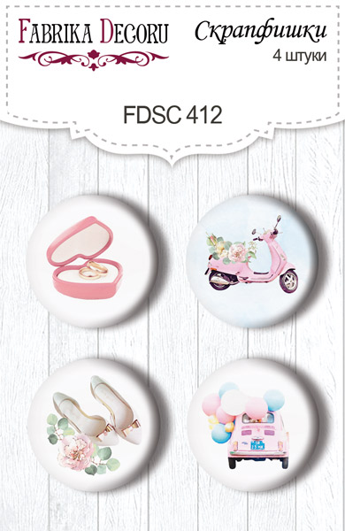 Set mit 4 Flair-Buttons zum Scrapbooking Walking on Clouds #412 - Fabrika Decoru