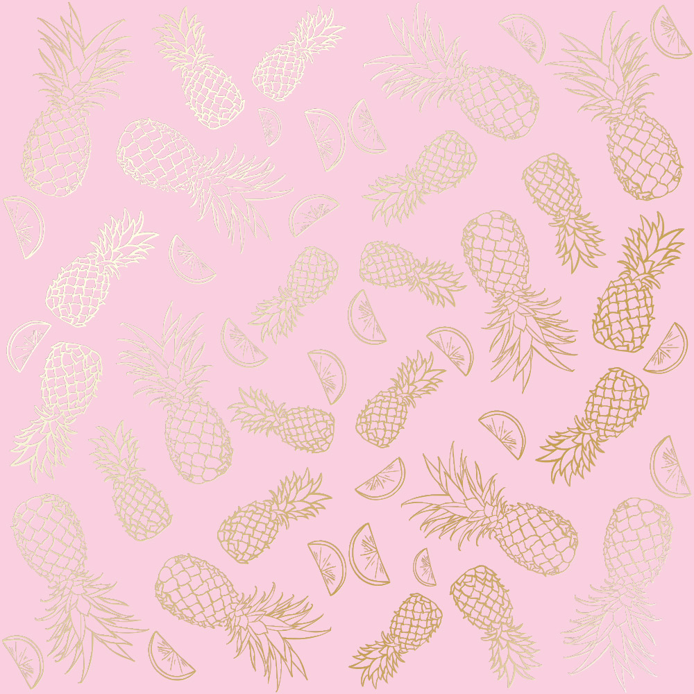 Sheet of single-sided paper with gold foil embossing, pattern Golden Pineapple Pink, 12"x12"