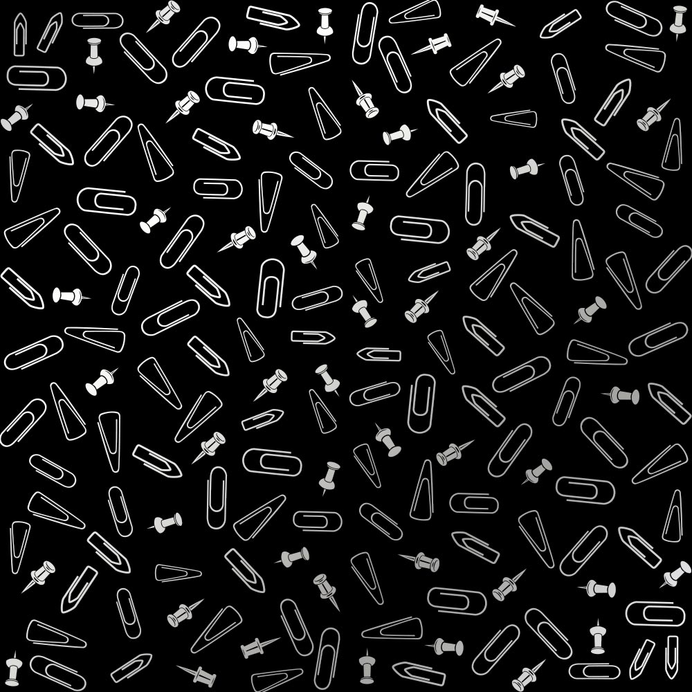Sheet of single-sided paper embossed with silver foil, pattern Silver Drawing pins and paperclips, color Black 12"x12" 