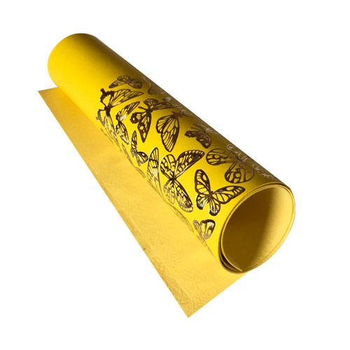 Skóra PU do oprawiania ze złotym tłoczeniem, wzór Golden Butterflies Yellow, 50cm x 25cm  - Fabrika Decoru