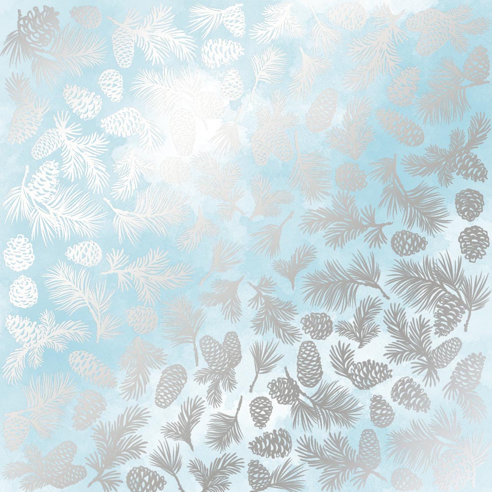 Einseitig bedrucktes Blatt Papier mit Silberfolie, Muster Silber Tannenzapfen Azurblau Aquarell 12"x12" - Fabrika Decoru