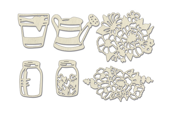 Chipboard embellishments set, Jars, watering can, glass and flowers #779