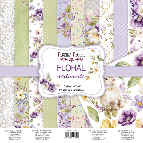 Double-sided scrapbooking paper set Floral sentiments, 8"x8", 10 sheets