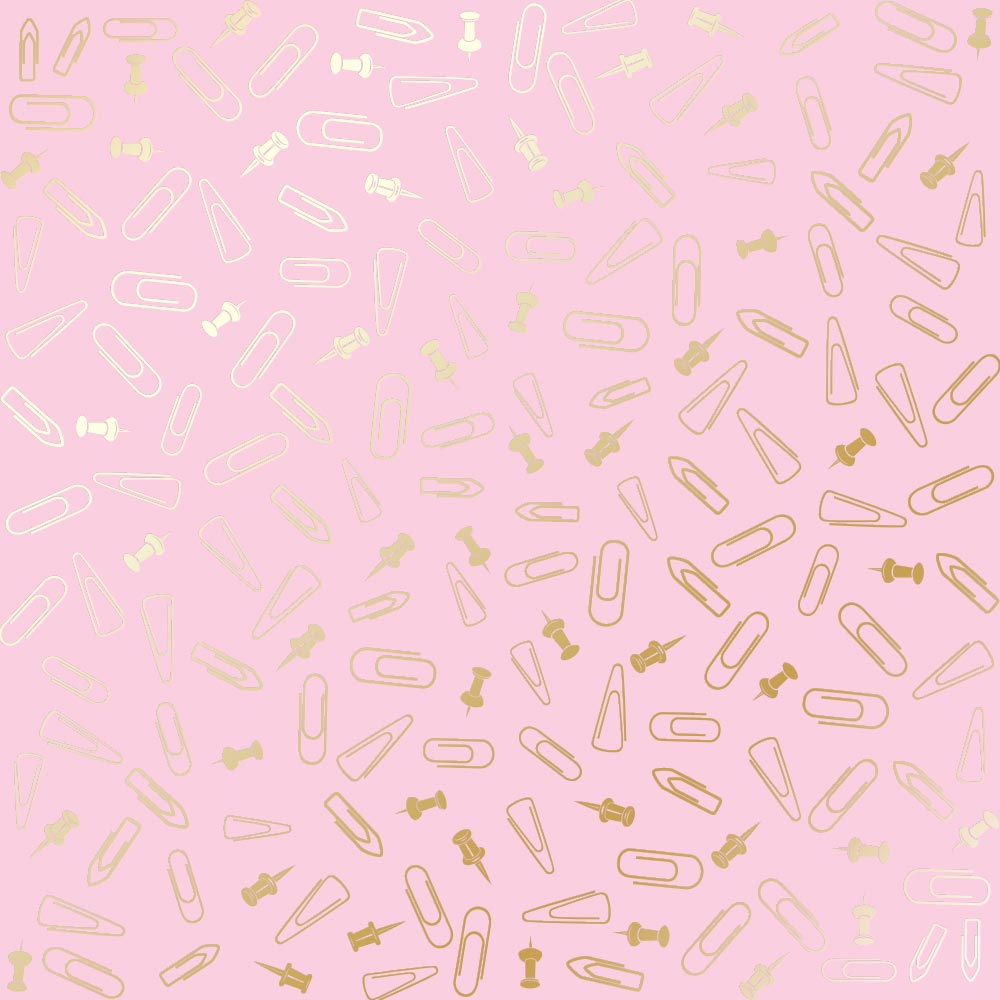 Blatt aus einseitigem Papier mit Goldfolienprägung, Muster Golden Reißnägel und Büroklammern, Farbe Pink - Fabrika Decoru