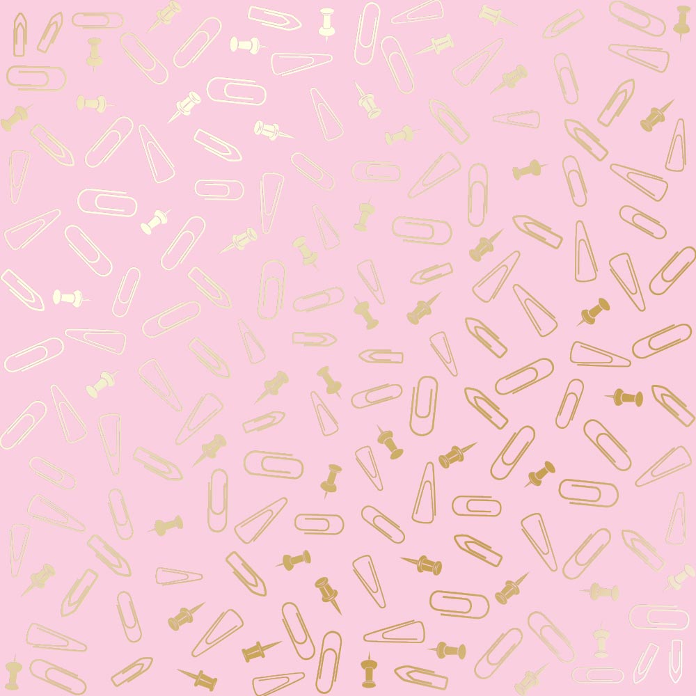 Sheet of single-sided paper with gold foil embossing, pattern Golden Drawing pins and paperclips, color Pink