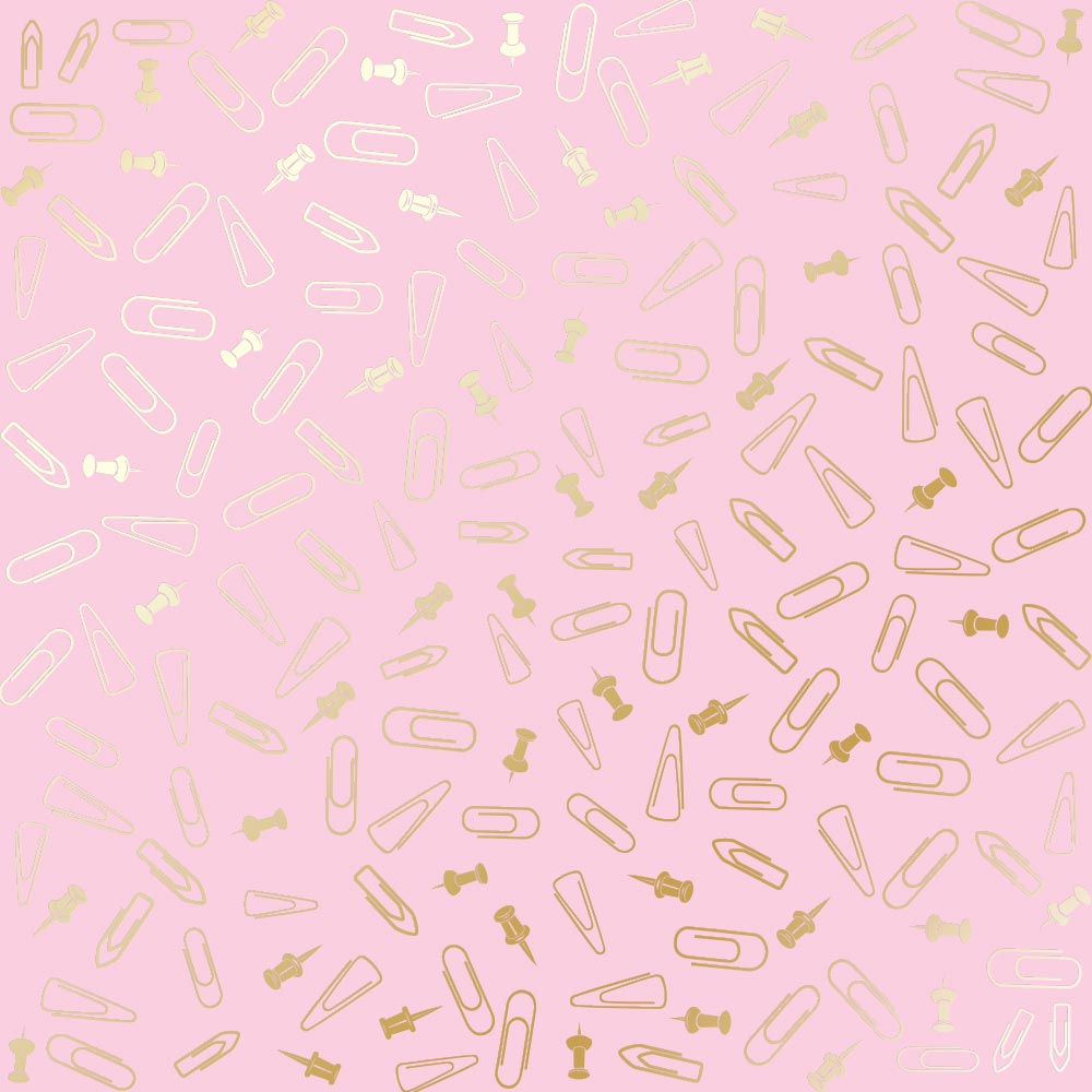 Sheet of single-sided paper with gold foil embossing, pattern Golden Drawing pins and paperclips, color Pink