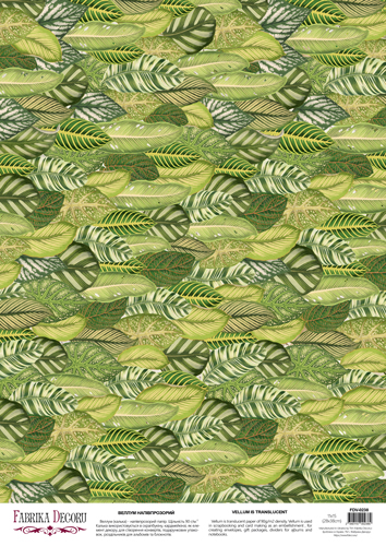 Arkusz kalki z nadrukiem, Deco Vellum, format A3 (11,7" х 16,5"), "Tropikalne liście" - Fabrika Decoru