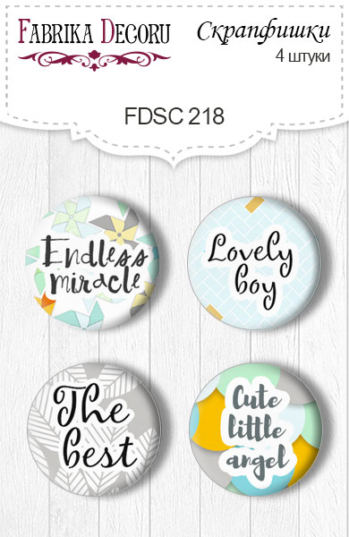 Set mit 4 Flair-Buttons zum Scrapbooking „Mein kleiner Spatzenjunge 1“ EN #218 - Fabrika Decoru