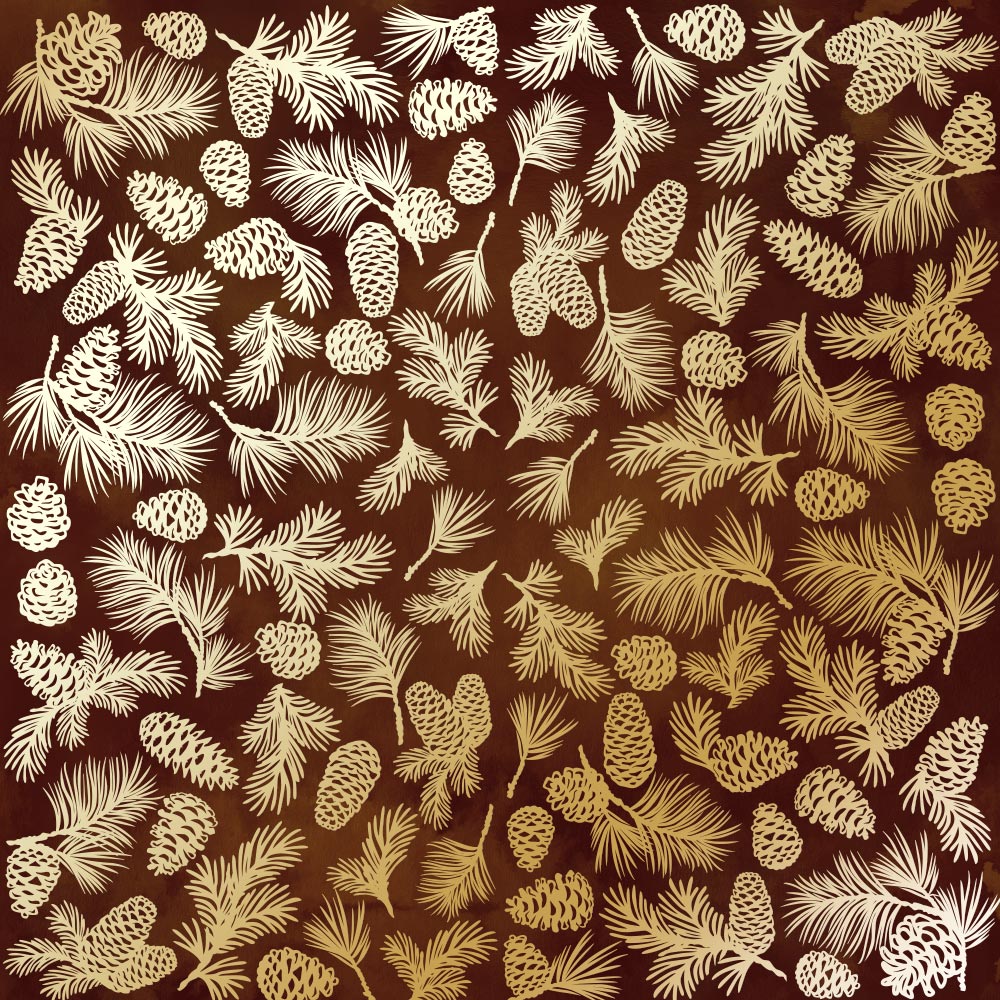 лист односторонней бумаги с фольгированием, дизайн golden pine cones brown aquarelle, 30,5см х 30,5см