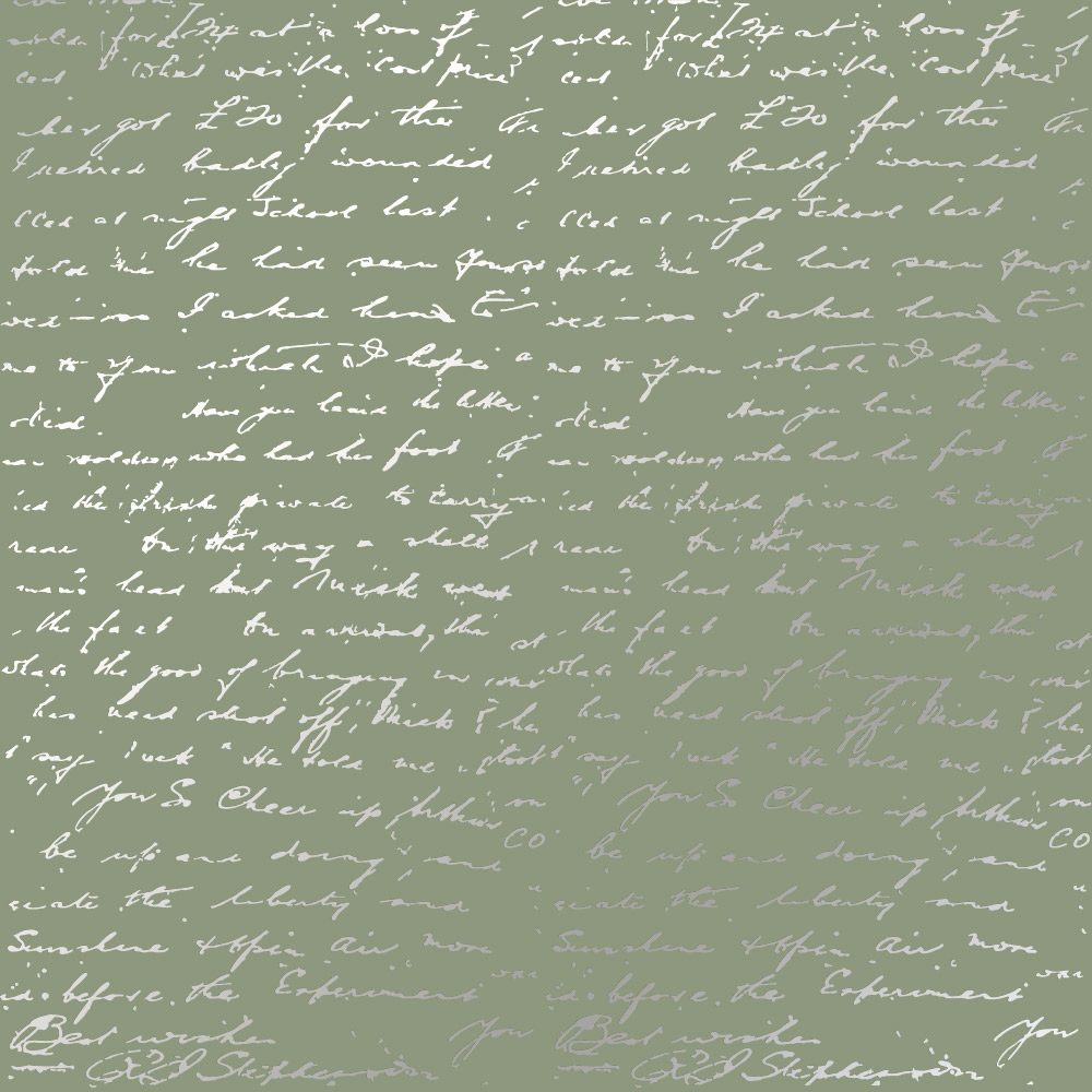 Sheet of single-sided paper embossed with silver foil, pattern Silver Text Olive 12"x12" 