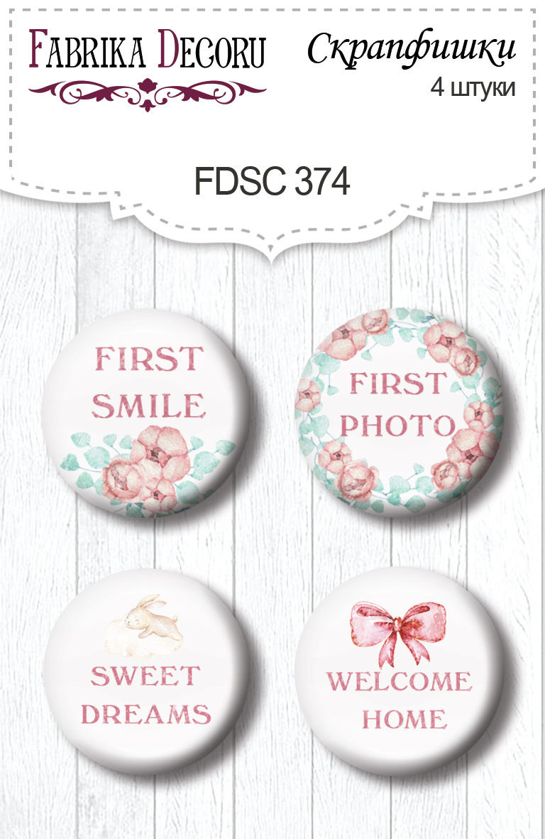 Set mit 4 Flair-Knöpfen zum Scrapbooking Dreamy Baby Girl EN #374 - Fabrika Decoru