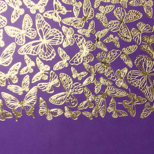 Piece of PU leather with gold stamping, pattern Golden Butterflies Violet, 50cm x 25cm - foto 1