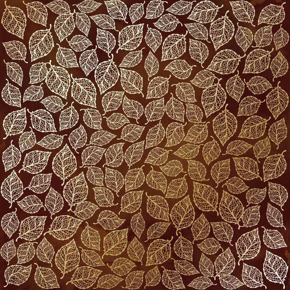 Sheet of single-sided paper with gold foil embossing, pattern Golden Leaves mini, color Brown aquarelle