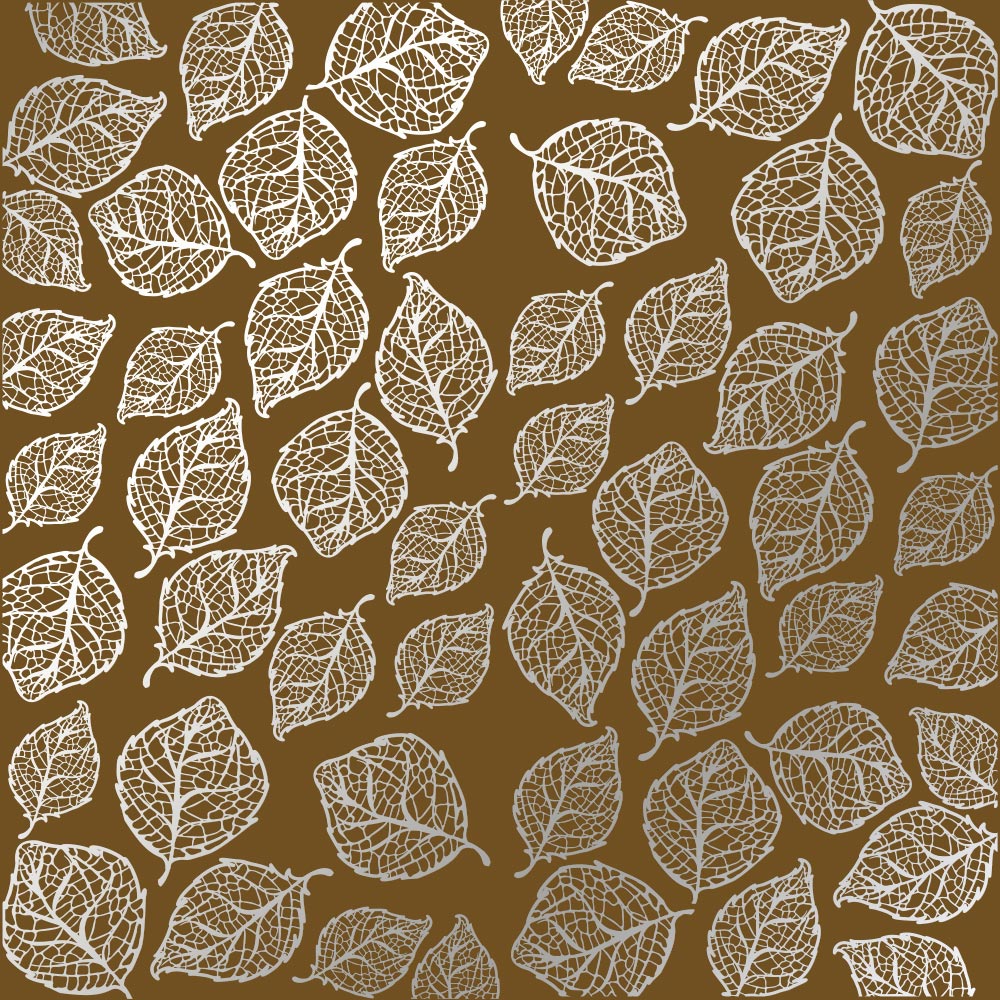 лист односторонней бумаги с фольгированием silver delicate leaves, color milk chocolate 30,5х30,5 см