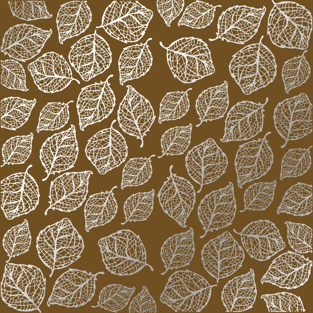 Sheet of single-sided paper embossed with silver foil, pattern Silver Delicate Leaves, color Milk chocolate 12"x12" 