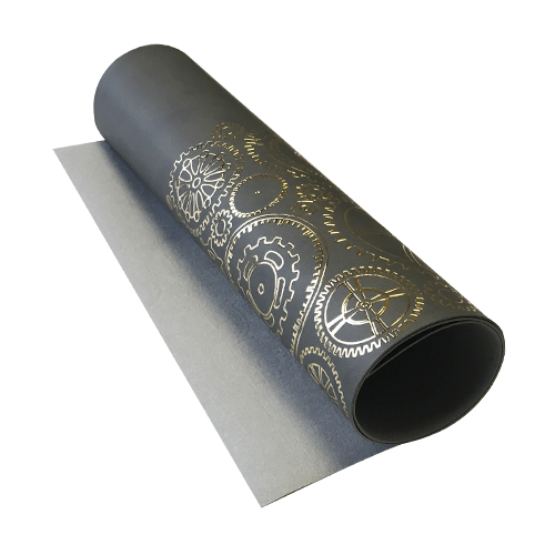 Skóra PU do oprawiania ze złotym tłoczeniem, wzór Golden Gears Grey, 50cm x 25cm  - Fabrika Decoru