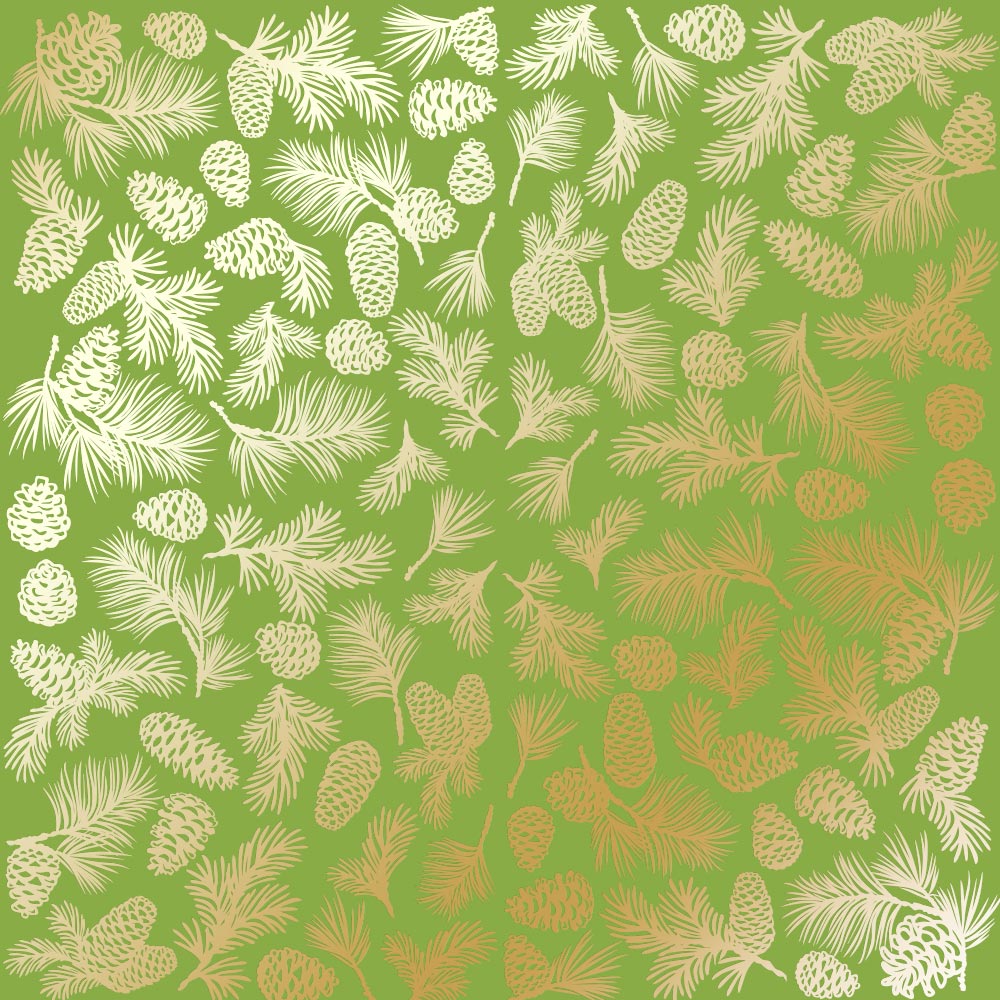 Sheet of single-sided paper with gold foil embossing, pattern "Golden Pine cones Bright green"