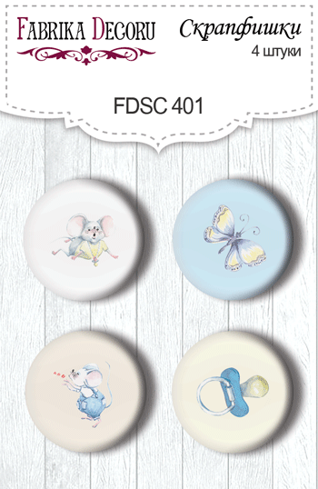 Set mit 4 Flair-Buttons zum Scrapbooking My little mousy boy #401 - Fabrika Decoru