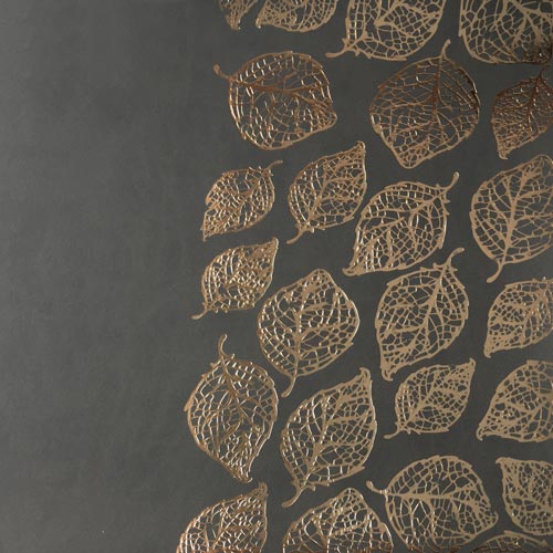 Piece of PU leather for bookbinding with gold pattern Golden Leaves Gray, 50cm x 25cm - foto 0