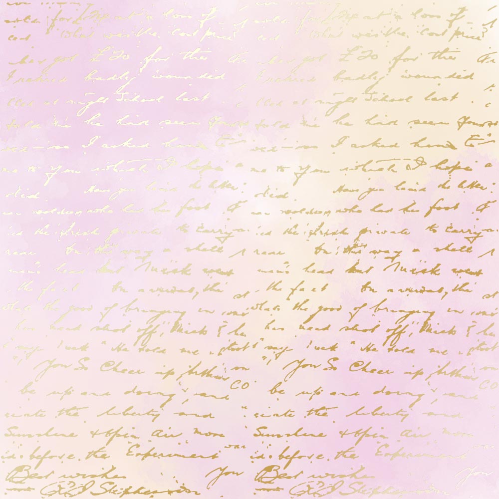 Einseitig bedruckter Papierbogen mit Goldfolienprägung, Muster "Goldener Text, Farbe Rosa-Gelb-Aquarell" - Fabrika Decoru