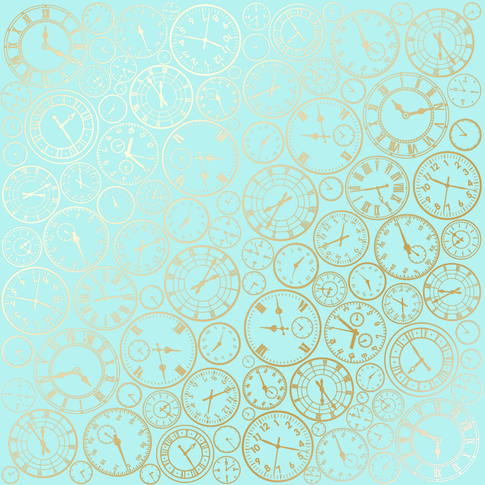 Sheet of single-sided paper with gold foil embossing, pattern Golden Clocks Turquoise 12"x12" 