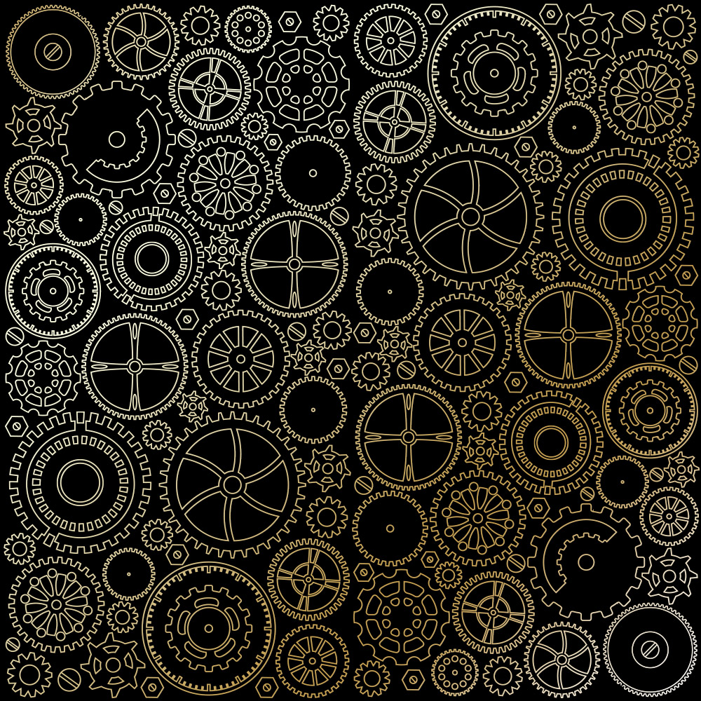Einseitig bedrucktes Blatt Papier mit Goldfolienprägung, Muster Golden Gears Black, 12"x12" - Fabrika Decoru